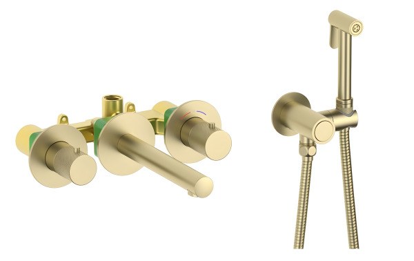 Смеситель для раковины Timo Saona 2383/17SM с гигиенический душем с гигиенический душем, матовое золото