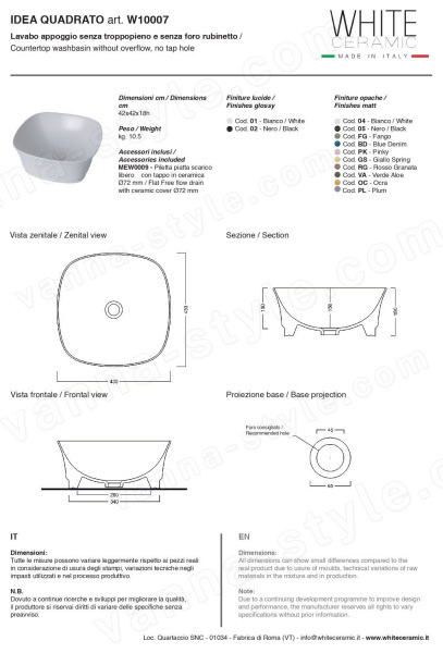 Раковина White Ceramic Idea W1000705 42x42, черная матовая 42x42, черная матовая