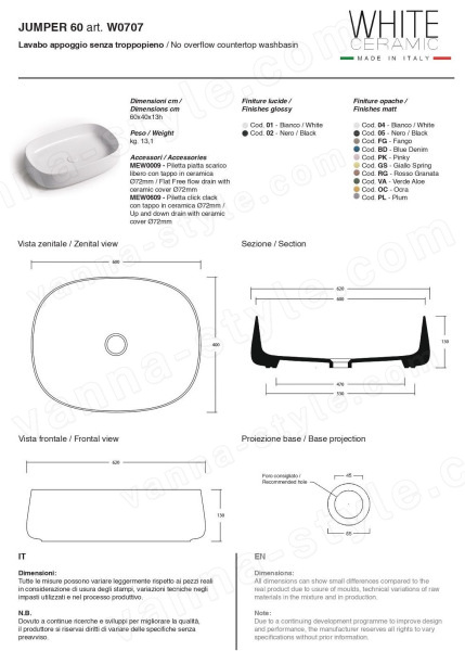 Раковина White Ceramic Jumper W070705 60x40, черная матовая 60x40, черная матовая