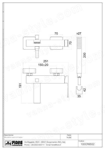 Смеситель для ванны Fiore Kube 100CR8552, хром, хром