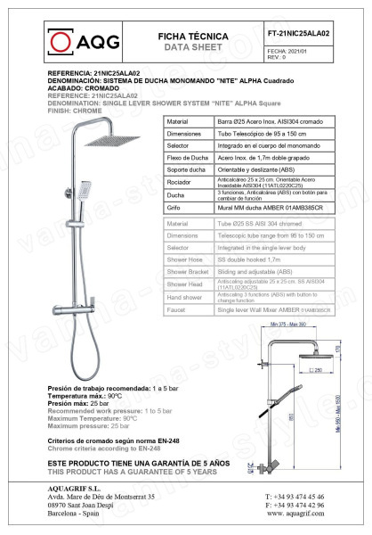 Душевая система AQG Alpha 21NIC25ALA02, хром, хром