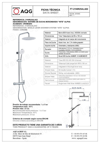 Душевая система AQG Alpha 21NIR25ALA02, хром, хром