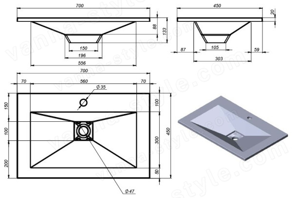 Раковина Uperwood Geo RGeo70g 70x45, графитовая, серый 70x45, графитовая, серый