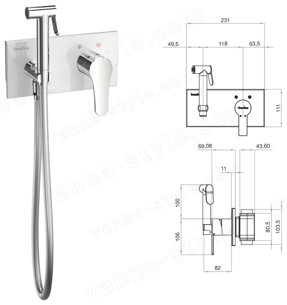 Гигиенический душ TESKA Elsa BTK6420B со смесителем, хром / черное стекло