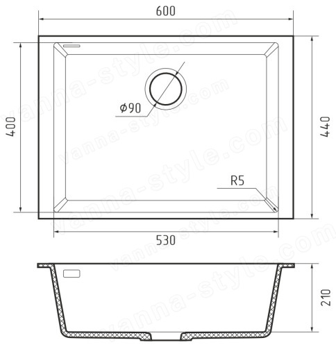 Кухонная мойка Rivelato SR-6053 Nero profondo 60x44 из кварцевого композита, черный 60x44 из кварцевого композита, черный