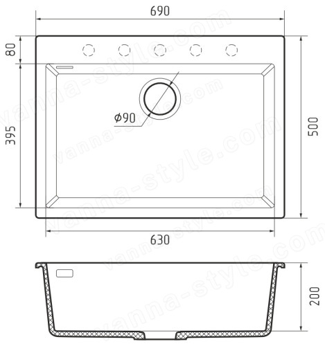 Кухонная мойка Rivelato ZN-6950 Nero profondo 69x50 из кварцевого композита, черный 69x50 из кварцевого композита, черный