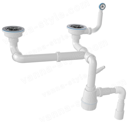 Сифон для двойной кухонной мойки с переливом Ceramicanova NV1196, белый